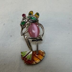 Vintage Girl Frog Cocktail Brooch Pin Moonglow Jelly Belly Guilloche Enamel Pink